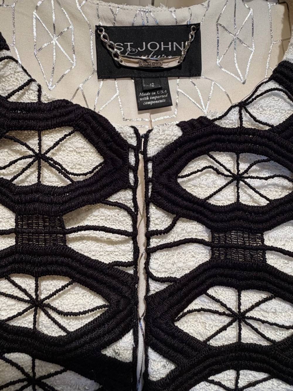 NWOT-St. John Couture Collection Women's Black & White Textured Openwork Duster